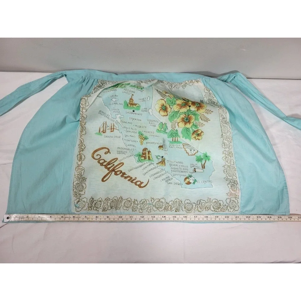 MCM  California Map Mid Century Half Apron Tie Back‎  Blue Green